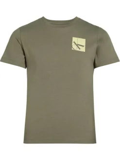 T-shirt en coton kaki chiné avec une coupe droite un col rond et le logo imprimé
