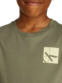T-shirt en coton kaki chiné avec une coupe droite un col rond et le logo imprimé