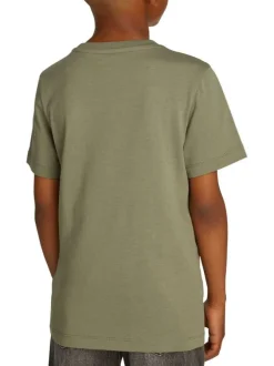 T-shirt en coton kaki chiné avec une coupe droite un col rond et le logo imprimé
