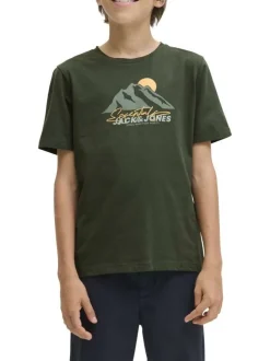 T-shirt en coton kaki imprimé avec une coupe droite et nom iconique