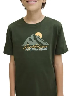 T-shirt en coton kaki imprimé avec une coupe droite et nom iconique