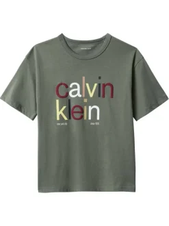 T-shirt en coton kaki uni à col rond avec le nom de la marque imprimé