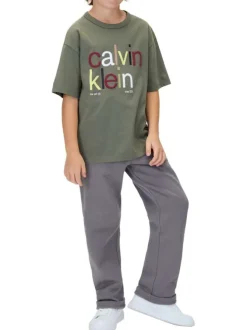 T-shirt en coton kaki uni à col rond avec le nom de la marque imprimé