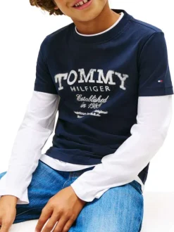 T-shirt en coton marine à coupe droite pourvu d'un imprimé de la marque