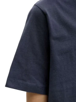 T-shirt en coton marine à coupe droite pourvu d'un col rond côtelé