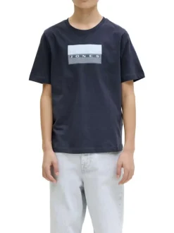 T-shirt en coton marine à coupe droite pourvu d'un col rond côtelé