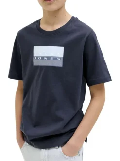 T-shirt en coton marine à coupe droite pourvu d'un col rond côtelé
