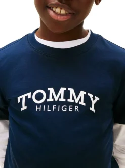 T-shirt en coton marine à coupe droite pourvu d'un imprimé de la marque