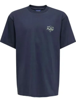 T-shirt en coton marine à imprimé avec une coupe droite et un col rond
