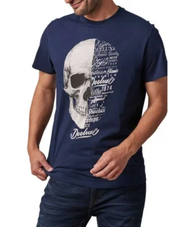 T-shirt en coton marine à imprimé tête de mort avec une coupe droite et col rond