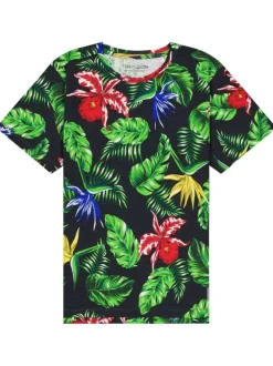T-shirt en coton marine avec un imprimé fleuri une coupe droite et un col rond