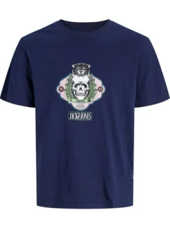 T-shirt en coton marine avec un imprimé squelette et un col rond