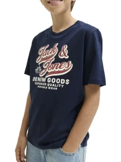T-shirt en coton marine imprimé avec une coupe droite et nom iconique