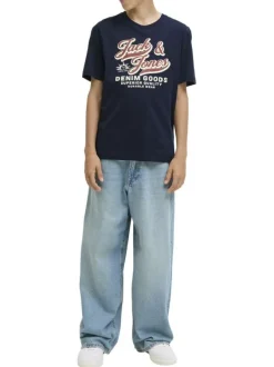 T-shirt en coton marine imprimé avec une coupe droite et nom iconique