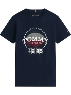 T-shirt en coton marine imprimé à coupe droite pourvu d'un col rond