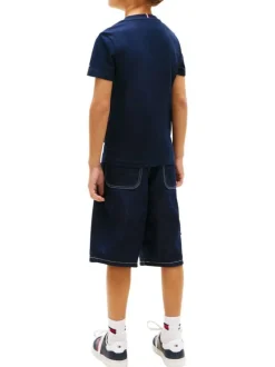 T-shirt en coton marine imprimé à coupe droite pourvu d'un col rond