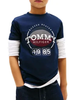 T-shirt en coton marine imprimé à coupe droite pourvu d'un col rond
