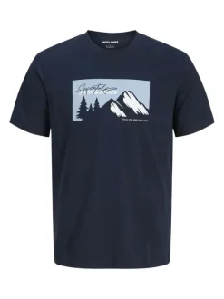 T-shirt en coton marine imprimé avec un col rond et une coupe droite