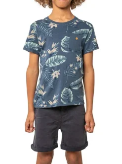 T-shirt en coton marine tropical pourvu d'une coupe droite et d'un col rond