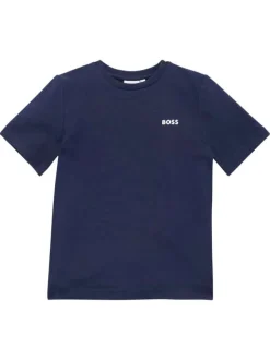 T-shirt en coton marine uni à coupe droite avec col rond et logo blanc