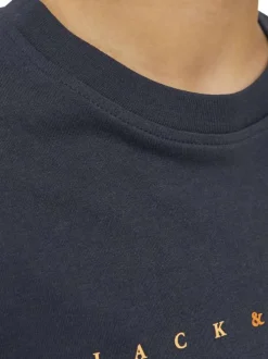 T-shirt en coton marine uni à coupe loose avec col rond et logo orange