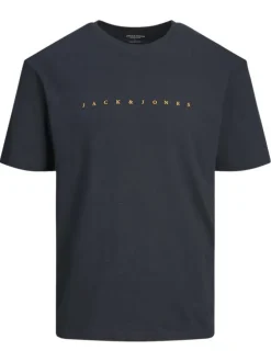 T-shirt en coton marine uni à coupe loose avec col rond et logo orange