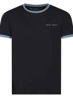 T-shirt en coton marine uni avec une coupe droite et bord-côte bleu-ciel