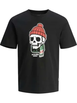 T-shirt en coton noir avec un squelette imprimé et un col rond