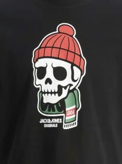 T-shirt en coton noir avec un squelette imprimé et un col rond