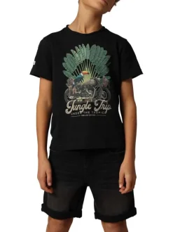 T-shirt en coton noir imprimé à la poitrine à coupe droite avec un col rond