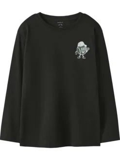 T-shirt en coton noir imprimé pourvu d'un col rond et de manches longues