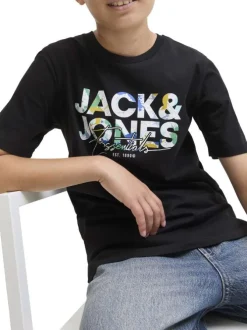 T-shirt en coton noir imprimé avec une coupe droite et un col rond