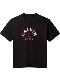 T-shirt en coton noir imprimé logo à coupe droite et à col rond
