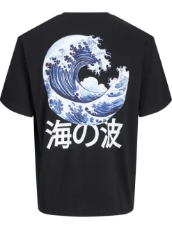 T-shirt en coton noir uni avec une coupe droite et imprimé dans le dos