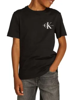 T-shirt en coton noir uni avec un col rond et le petit logo imprimé en blanc