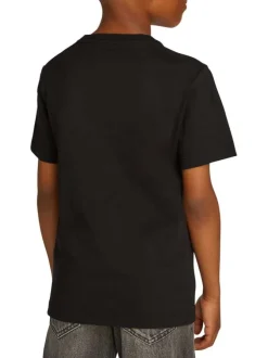T-shirt en coton noir uni avec un col rond et le petit logo imprimé en blanc