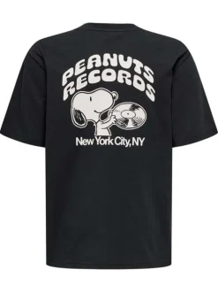 T-shirt en coton noir uni pourvu d'un imprimé snoopy et d'un col rond