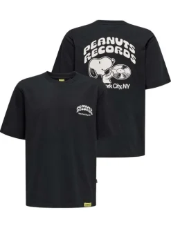 T-shirt en coton noir uni pourvu d'un imprimé snoopy et d'un col rond