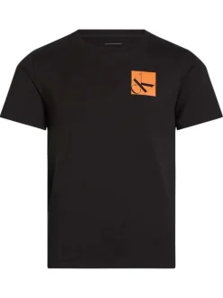T-shirt en coton noir uni avec une coupe droite un col rond et le logo imprimé
