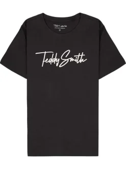 T-shirt en coton noir uni à col rond avec le nom de la marque imprimé