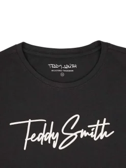 T-shirt en coton noir uni à col rond avec le nom de la marque imprimé