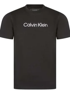 T-shirt en coton noir uni avec une coupe droite, un col rond et nom de la marque