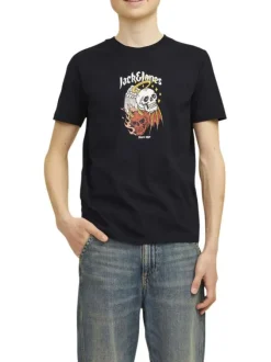 T-shirt en coton noir uni coupe droite avec imprimé tête de mort