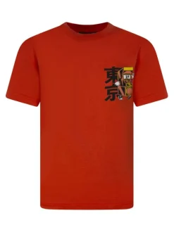T-shirt en coton orange pourvu d'un imprimé japonais et d'un col rond