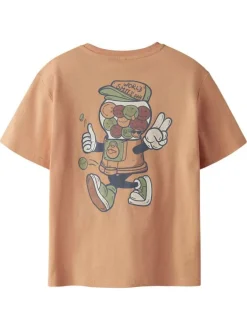 T-shirt en coton peche uni pourvu d'un col rond et d'un imprimé