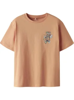 T-shirt en coton peche uni pourvu d'un col rond et d'un imprimé