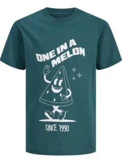 T-shirt en coton pétrole uni pourvu d'un imprimé pastèque et d'un col rond
