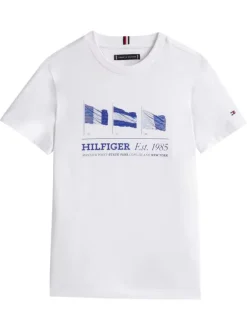 T-shirt en coton régénératif blanc à imprimé drapeau, coupe droite et col rond