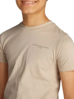 T-shirt en coton régénératif beige uni à coupe droite, col rond et logo