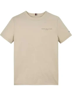 T-shirt en coton régénératif beige uni à coupe droite, col rond et logo